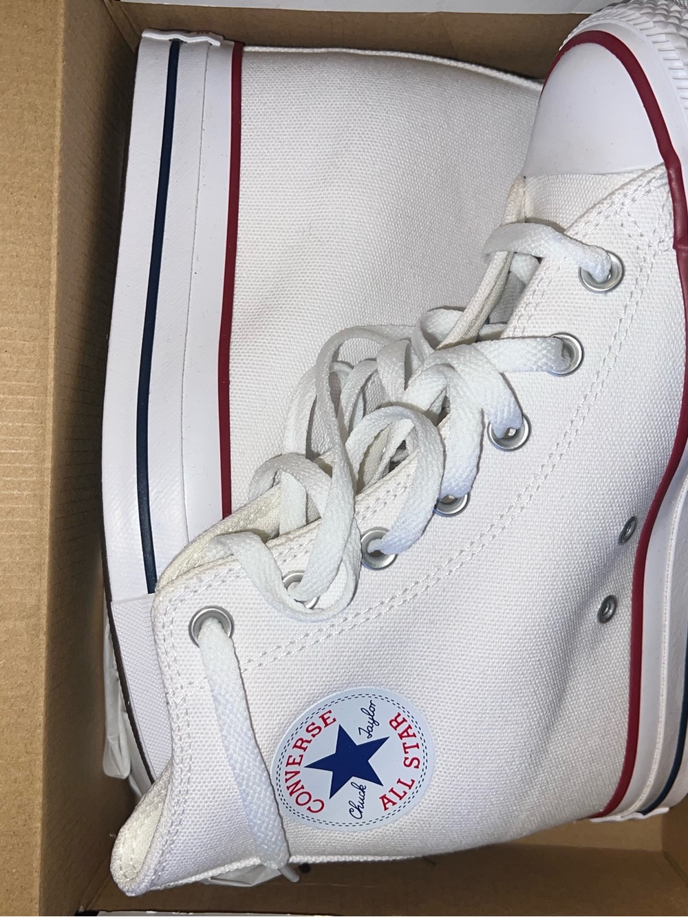 Converse High Top Sneakers in White with Red & Navy Accents - Picture 3 of 8